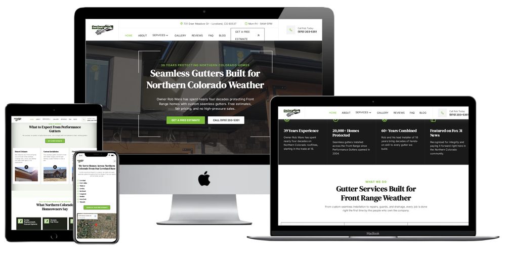 Performance Gutters website built by Lamplighter Web Design